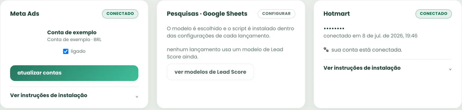 Tela de integrações com Meta Ads e Hotmart conectados e pesquisas pelo Google Sheets